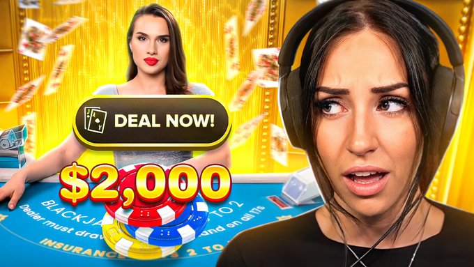 A woman with a stressed expression wears headphones in front of a bright online blackjack table displaying a "DEAL NOW! $2,000" offer, reflecting the high-stakes anxiety mentioned in the post about a $2,000 blackjack start on Duelbits.