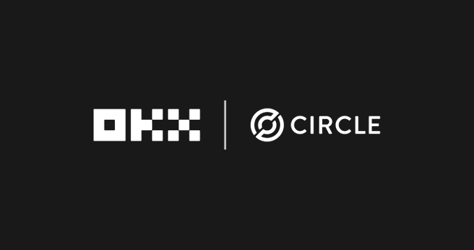The image displays the OKX and Circle logos side by side on a black background, visually representing the partnership described in the post where Circle brings native USDC and CCTP to OKX's X Layer network.