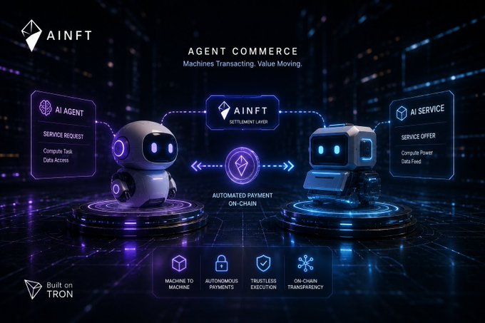 An 'AiNFT' promotional graphic for 'AGENT COMMERCE' on the TRON network depicts two robots connected through an 'Automated Payment On-Chain' settlement layer.