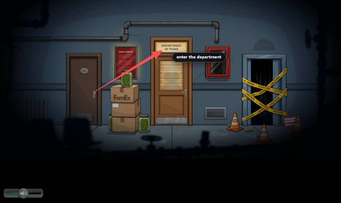 A pixel-art game screenshot shows a hallway with a red arrow pointing to a doorway labeled "DEPARTMENT OF FOMS," accompanied by the instruction "enter the department," alongside stacked FomEx boxes and a taped-off area, directing viewers to the Fomies NFT website.