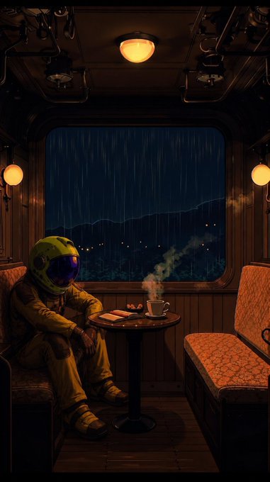 A cozy, atmospheric illustration of an astronaut in a yellow spacesuit sitting alone in a vintage train cabin at night, drinking from a steaming mug while watching rain fall through the window.