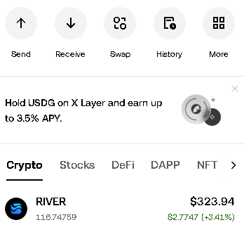 A cryptocurrency app interface displaying a navigation bar with Send, Receive, Swap, History, and More buttons, along with a RIVER token showing a price of $323.94 and a gain of $2.7747 (+3.41%).
