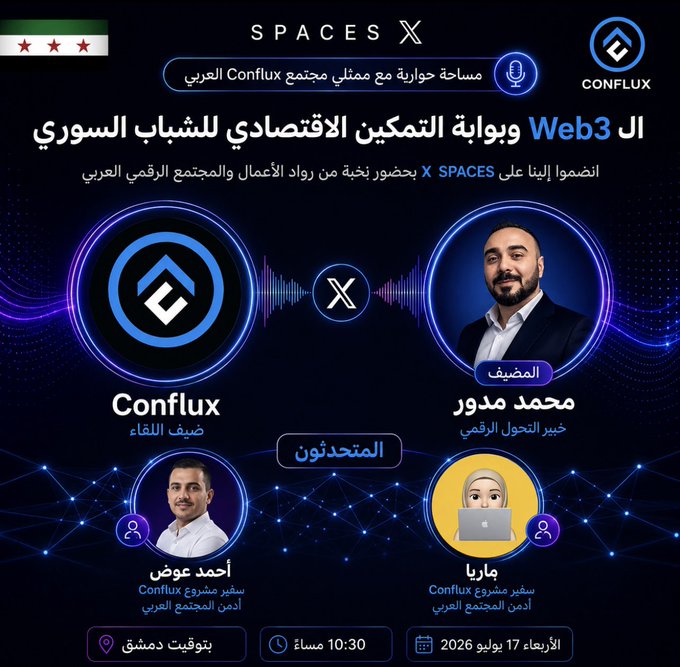 The image features a poster for an event called "X Spaces", which appears to be a discussion or meeting about web3 technology, digital innovation, and economic opportunities in the digital age. The poster includes two men's faces, one of whom is wearing a suit, suggesting that this gathering might involve professionals from various fields. The poster also has Arabic text on it, indicating that the event is being held in an Arabic-speaking country or region.
