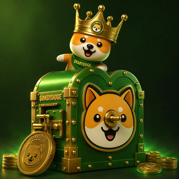 A 3D rendered image of a Shiba Inu dog character wearing a gold crown and a green "$BABYDOGE" bandana, sitting atop a green treasure chest with the $BABYDOGE logo, surrounded by gold coins.