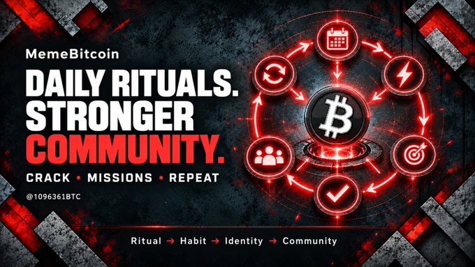A promotional graphic for 'MemeBitcoin' featuring the tagline 'DAILY RITUALS. STRONGER COMMUNITY.' and 'CRACK • MISSIONS • REPEAT', alongside a Bitcoin logo surrounded by a red circular flow of icons.