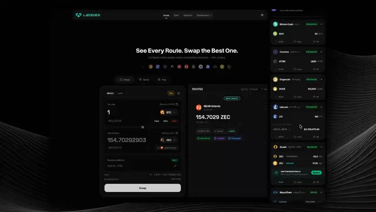 The image shows a website called "LeoDex", which appears to be an online marketplace for buying and selling digital assets, such as cryptocurrencies. The website has a dark background with white text that reads "BUY ZEC'S absurd dip AND DO IT USING THE NEW SHIELDED ZECHOSC". This post is about using the new shielded Zcash technology to buy and sell digital assets on LeoDex.