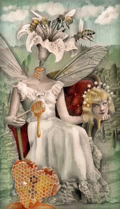 A surrealist painting depicts a headless winged figure in a white dress seated in a red chair, holding a honey dipper and a separate girl's head surrounded by stars, with lilies replacing the head and bees buzzing around. A honeycomb rests at the figure's feet, and the artwork is signed '2012 PON' in the lower right.