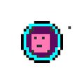 A pixel art illustration of a pink character inside a purple and cyan helmet or container.