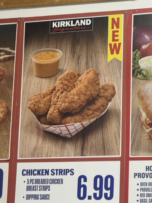 The image shows a Costco in-store advertisement for Kirkland Signature Chicken Strips priced at $6.99 for a 5-piece breaded chicken breast strips with dipping sauce, marked with a yellow "NEW" banner. The post humorously references this exact product by calling chicken tenders "tendies" (a meme term), tying the discounted chicken strips to a recovered stock/investment portfolio.