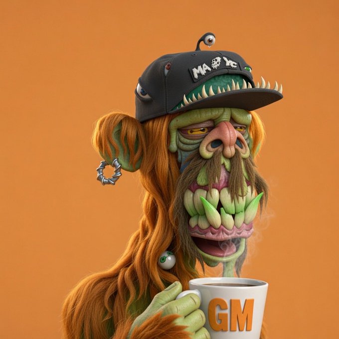 A green-skinned, orange-haired monster with sharp teeth, an earring, and a quirky cap featuring eyes and the text "MA" sips from a white mug labeled "GM," embodying the casual "GM Everyone, Have a great Thursday" greeting.
