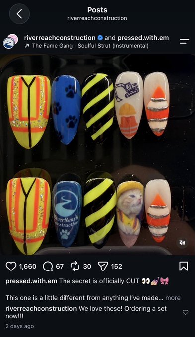 Instagram post from 'riverreachconstruction' and 'pressed.with.em' showing a set of construction-themed press-on nails with designs including safety vests, caution stripes, hard hats, paw prints, and the business logo.