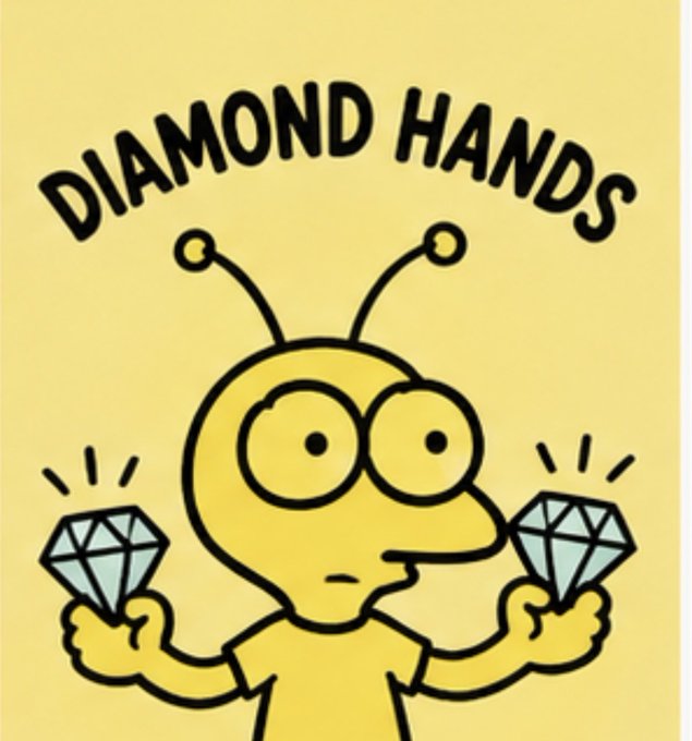 A cartoon-style logo featuring a yellow alien-like character holding two diamonds, with the text 'DIAMOND HANDS' arched above.