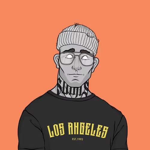 An illustration of a man wearing glasses, a beanie, and a black 'LOS ANGELES EST. 1993' shirt against an orange background, with 'South' tattooed on his neck.