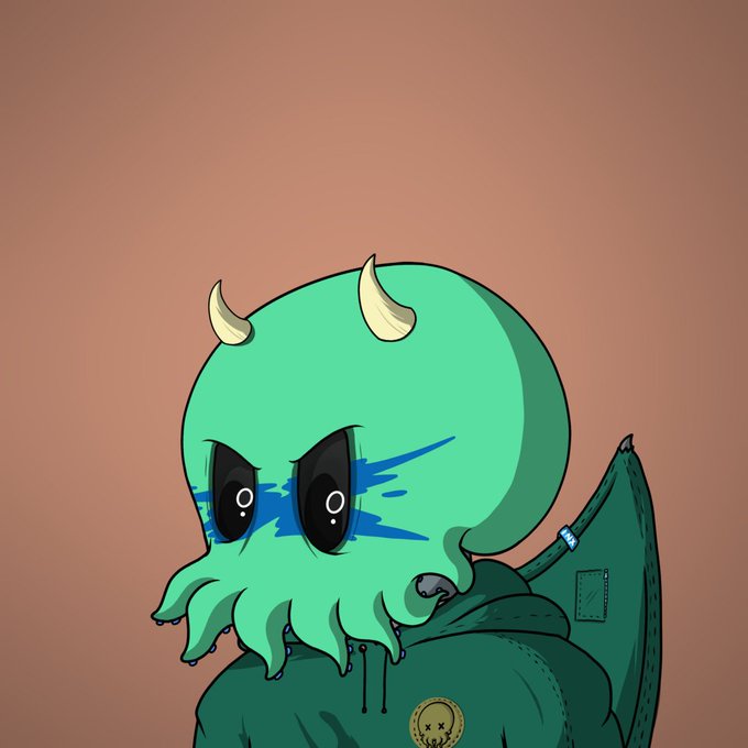 An illustration of a green cartoonish octopus-like creature with two small horns, large black eyes, and blue tear-like streaks, wearing a dark green jacket with a smiley pin.