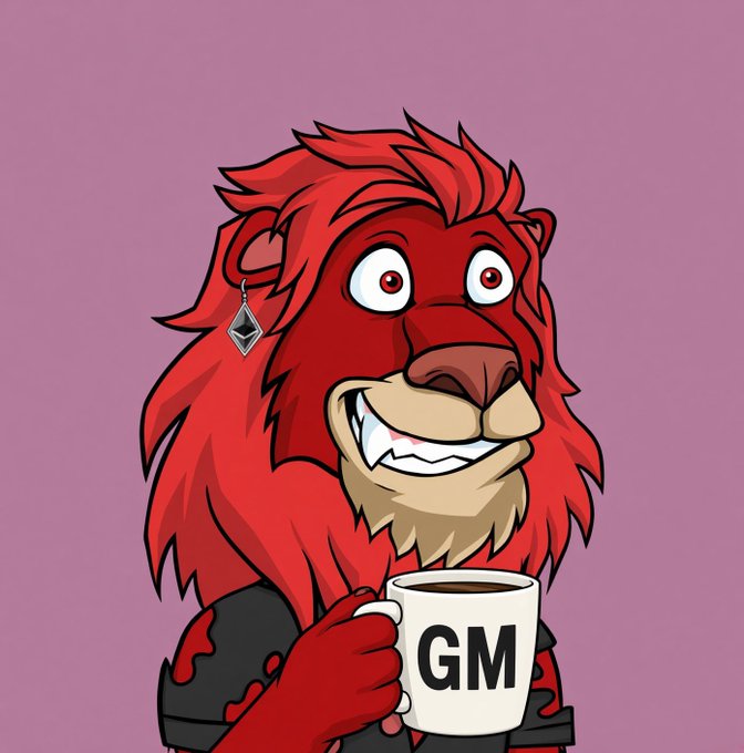 An illustration of a red-maned lion character wearing an Ethereum earring, smiling and holding a white mug labeled 'GM' against a purple background.