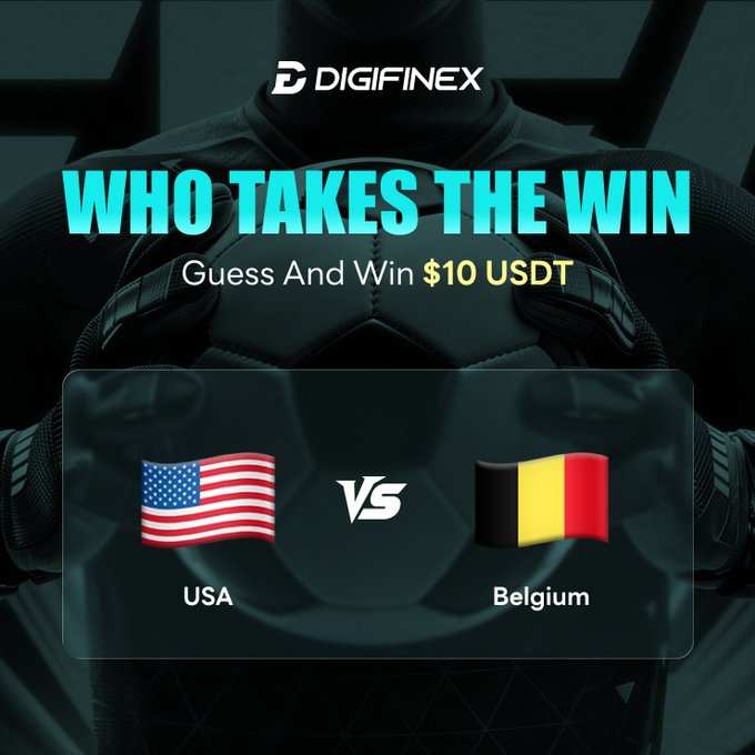 A Digifinex promotional graphic featuring a dark-suited figure, displaying a "WHO TAKES THE WIN - Guess And Win $10 USDT" matchup between the USA and Belgium with their respective national flags.
