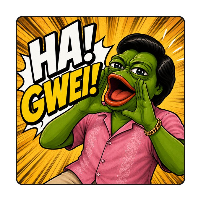 A cartoonish green Pepe-style character with exaggerated frog-like lips shouts "HA! GWEI!" in a comic-style speech bubble against a yellow burst background, visually mocking Solana in favor of Ethereum's gas fee terminology. The image humorously reinforces the post's sentiment that "GWEI" is associated with Ethereum while implying it's not used (or is irrelevant) for Solana.