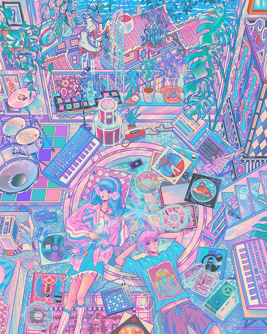 A vibrant, surreal illustration of two anime-style figures lounging among an explosion of retro music gear—keyboards, vinyl records, drum sets, and cassette tapes—bathed in pastel pinks and purples. The "gm" (good morning) post is reflected through the cozy, nostalgic aesthetic of the scene, evoking a dreamy weekend morning spent immersed in music and art.