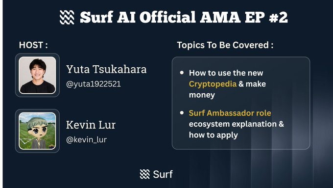 A 'Surf AI Official AMA EP #2' announcement graphic featuring hosts Yuta Tsukahara (@yuta1922521) and Kevin Lur (@kevin_lur), covering topics: 'How to use the new Cryptopedia & make money' and 'Surf Ambassador role ecosystem explanation & how to apply'.