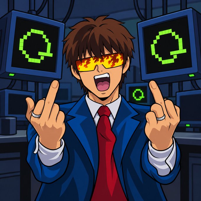 An anime-style man in a blue suit, red tie, and flame-pattern visor shouts while pointing upward between computer monitors displaying green “Q”-like symbols.