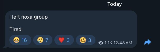 A dark-themed chat message dated "Today" at 12:48 AM reads "I left noxa group" and "Tired," with 16 laugh reactions, 7 tired emojis, 3 heart reactions, and 3 neutral emojis, gaining 1.1K views—suggesting the user is stepping away from the Noxa community, likely after the account sold off their memecoin holdings as referenced in the post.