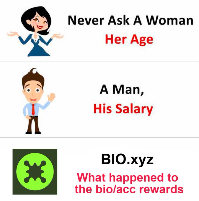 An informational graphic stating 'Never Ask A Woman Her Age', 'A Man, His Salary', and 'BIO.xyz What happened to the bio/acc rewards' alongside cartoon illustrations.