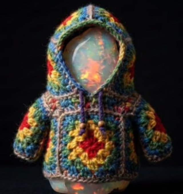 Photograph of a small glass vase or orb wearing a multicolored crocheted granny-square hoodie with a hood and drawstrings, set against a black background.