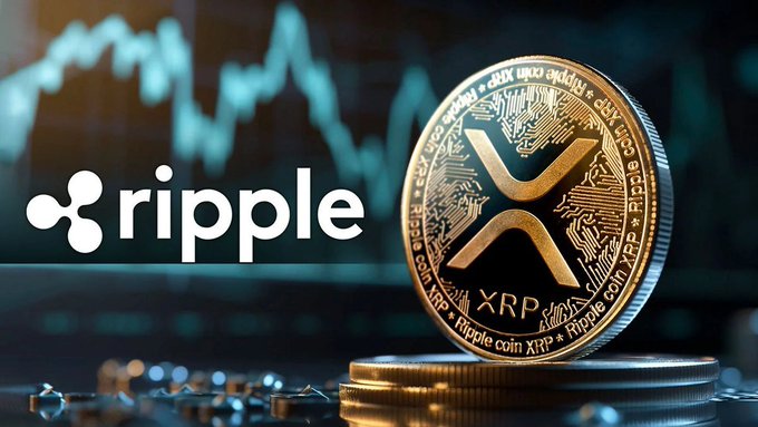 A promotional graphic for Ripple (XRP) cryptocurrency featuring a gold coin with the XRP logo and the word 'ripple' against a backdrop of stock chart graphs.