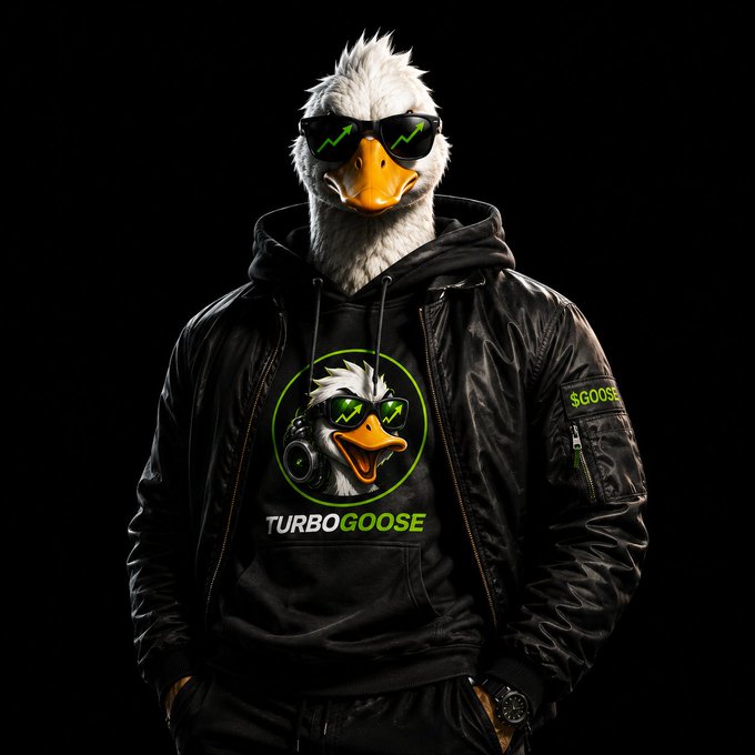 An anthropomorphic goose wearing sunglasses, a black hoodie with 'TURBOGOOSE' text and a matching graphic, and a bomber jacket with a '$GOOSE' patch stands against a black background.