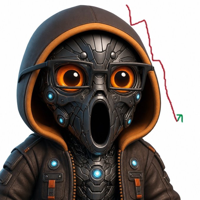 AI-generated image of a robotic figure with glowing orange eyes wearing a dark hoodie and glasses, with a red declining trend line and green upward arrow in the background.