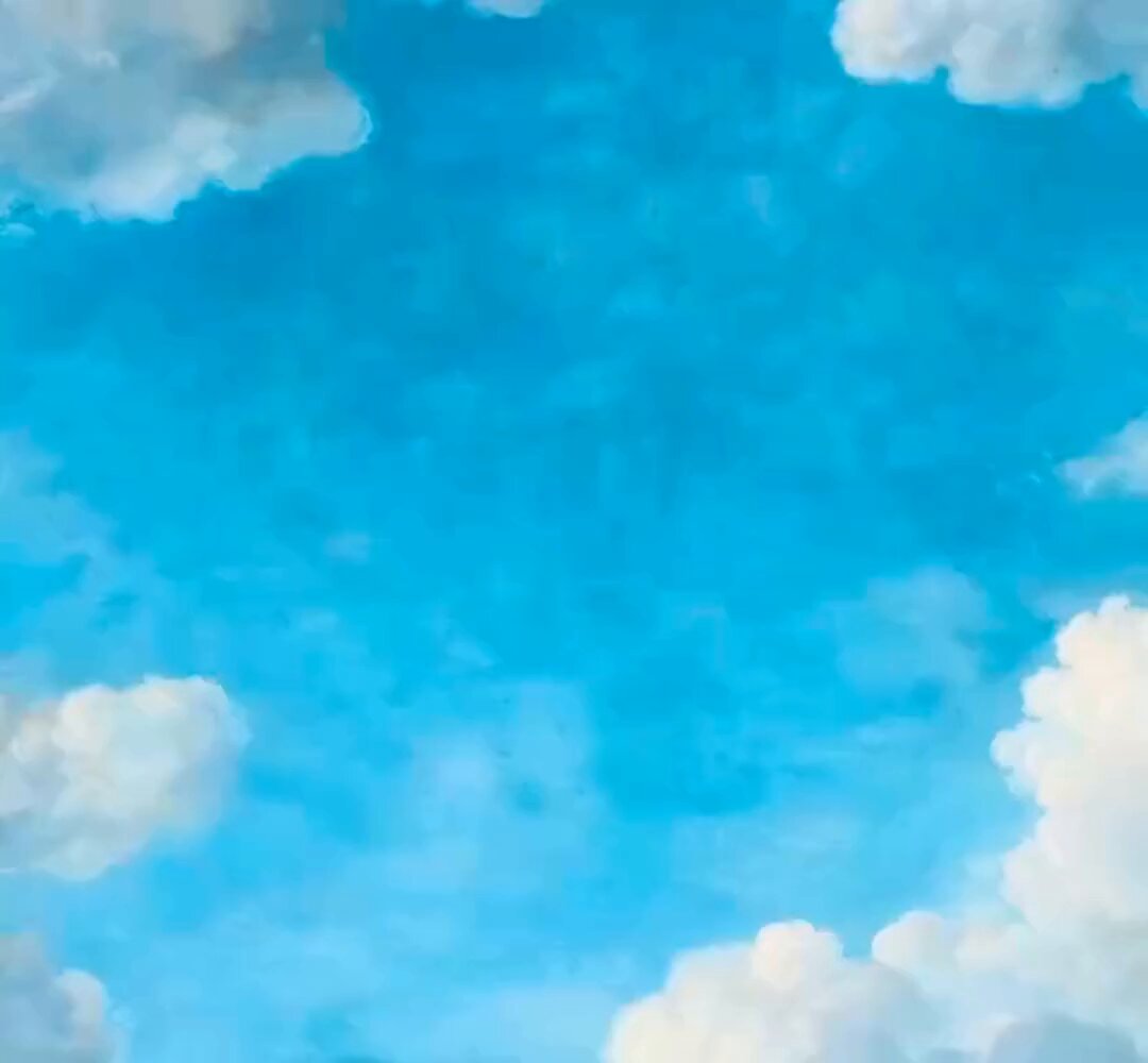 The image features a painting of a blue sky with white clouds. The artist has used a realistic style for this piece, capturing the beauty of nature. The painting showcases the vastness of space and the tranquility that comes from gazing at the stars. The colors in the painting are vibrant and vivid, making it an eye-catching piece of art.