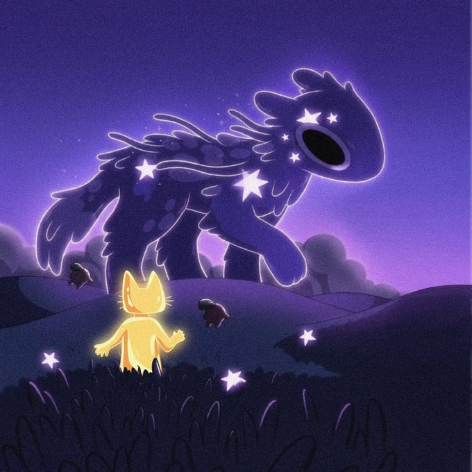 A small glowing yellow cat stands frozen in a moonlit field, gazing up at a towering cosmic creature made of dark fur and stars, embodying the essence of holding one's ground in the face of overwhelming wonder. The scene captures the quiet bravery referenced in "$CETS" — bravery as the act of standing still when the universe looms large before you.