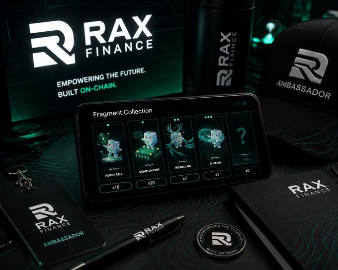 The image features a collection of RAX Fragments, which are small digital tokens that can be used for various purposes such as rewards or badges within an ecosystem. The collection includes five different fragments displayed on a phone screen, with each one representing a unique token type. There is also a pen and a notebook present in the scene, suggesting that someone might be documenting their RAX Fragments collection or taking notes about them.