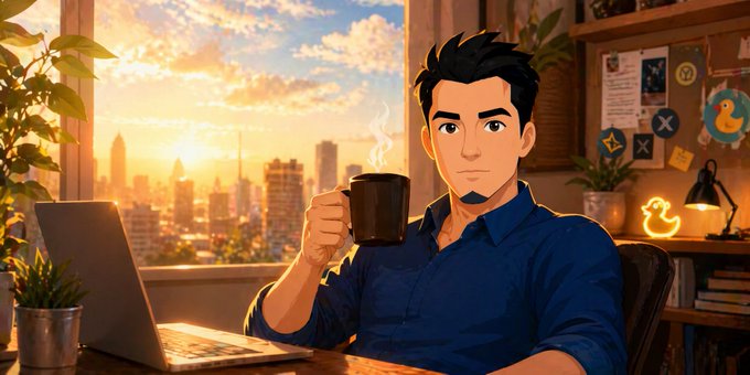 The image features a man sitting at his desk with a laptop open, holding a cup of coffee. The scene takes place near a window that offers a view of a city skyline during sunset. The man appears to be enjoying his coffee while working or browsing on his computer.