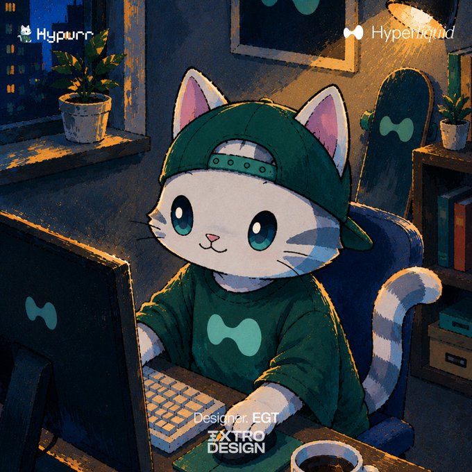 Illustrated artwork of a cartoon cat wearing a green cap and Hyperliquid shirt, sitting at a computer in a cozy room, designed by EGT for Extra Design.