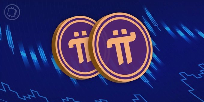 Two stacked Pi Network cryptocurrency coins with the orange Pi symbol on a purple background, overlaid with blue candlestick chart patterns—visually reinforcing the article's message about Pi's expanding ecosystem beyond just blockchain nodes.