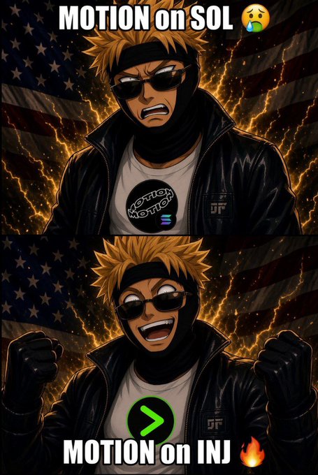 A two-panel anime-style meme featuring a blonde character with sunglasses against a lightning and American flag background; the top panel reads 'MOTION on SOL 😰' and the bottom panel reads 'MOTION on INJ 🔥'.