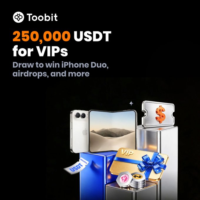 A promotional image for Toobit cryptocurrency exchange featuring a sleek, premium-themed design with a black background and orange and white text advertising "250,000 USDT for VIPs" with a chance to "Draw to win iPhone Duo, airdrops, and more." The visual showcases 3D renderings of prizes—a white iPhone, a silver USDT ticket, a gold VIP membership card with a blue ribbon, and a gold dollar sign—arranged on metallic pedestals to emphasize the luxury rewards available to VIP members who complete trading tasks.