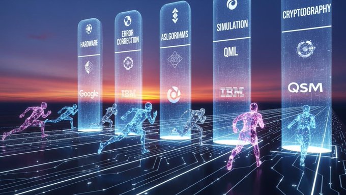 A futuristic illustration showing runners passing through translucent pillars labeled with tech terms like 'HARDWARE', 'ERROR CORRECTION', 'ASL ALGORITHMS', 'SIMULATION', 'QML', and 'CRYPTOGRAPHY (QSM)', with logos for Google, IBM, and Qubic.