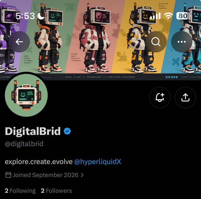 A social media profile for 'DigitalBrid @digitalbrid' with the bio 'explore.create.evolve @hyperliquidX', showing AI-generated robot characters as the banner.