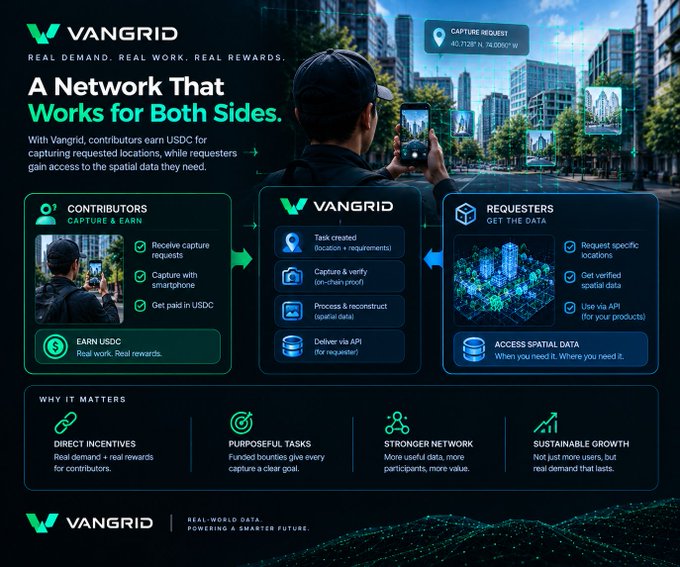 A Vangrid marketing infographic titled "A Network That Works for Both Sides," explaining how contributors earn USDC for capturing locations and requesters access spatial data via API.