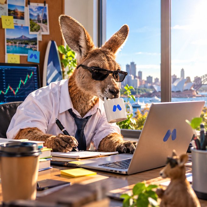 An AI-generated image of a kangaroo wearing sunglasses, a white shirt, and a tie, holding a pen and a coffee mug while working on a laptop with the Meta logo, with a stock chart visible in the background.