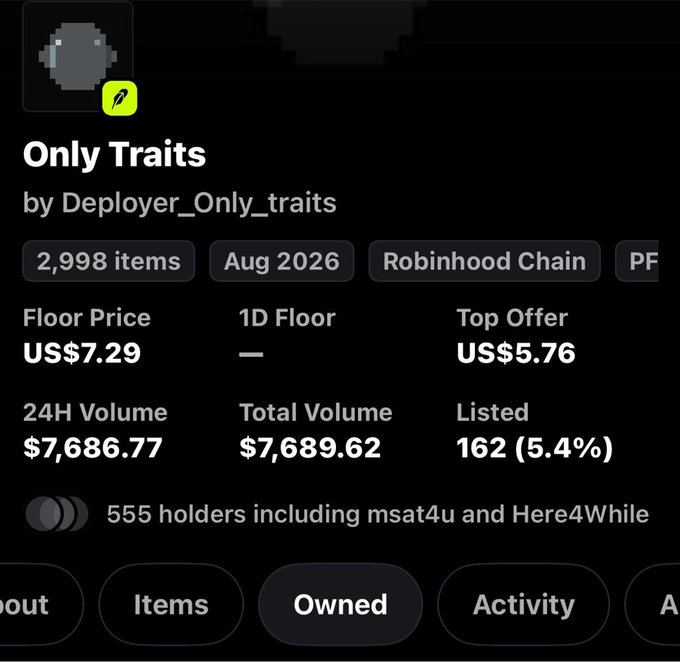 Screenshot of an NFT collection called "Only Traits" by Deployer_Only_traits on Robinhood Chain showing 2,998 items with a floor price of US$7.29, 162 listed (5.4%), 555 holders, and 24H volume of $7,686.77—reflecting the poster's excitement after the collection sold out and the floor price rose to $7.