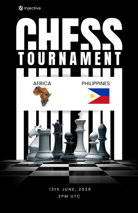 The image features an advertisement for an upcoming chess tournament, with a focus on Africa. The poster displays a black and white checkered background, with a large white square containing the text "CHESS TOURNAMENT" at the top. Below this, there is a smaller square that reads "AFRICA". In the center of the poster, there are several chess pieces arranged in a line, including a king, queen, and knights. The image also includes a small logo for an event on 13th June 2016 at 2:00 PM UTC.