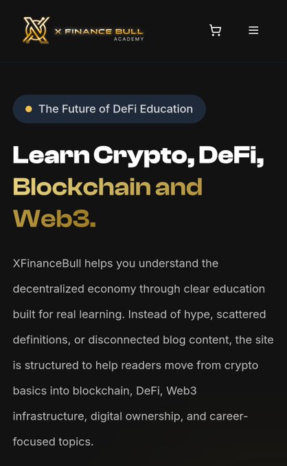 The image shows the X Finance Bull Academy homepage, featuring the tagline "The Future of DeFi Education" and a headline "Learn Crypto, DeFi, Blockchain and Web3," along with text explaining how the platform helps users understand the decentralized economy through structured education rather than hype. The post aligns with the image's message by emphasizing that true understanding of digital assets—like XRP and XLM—has lasting value beyond short-term price predictions.