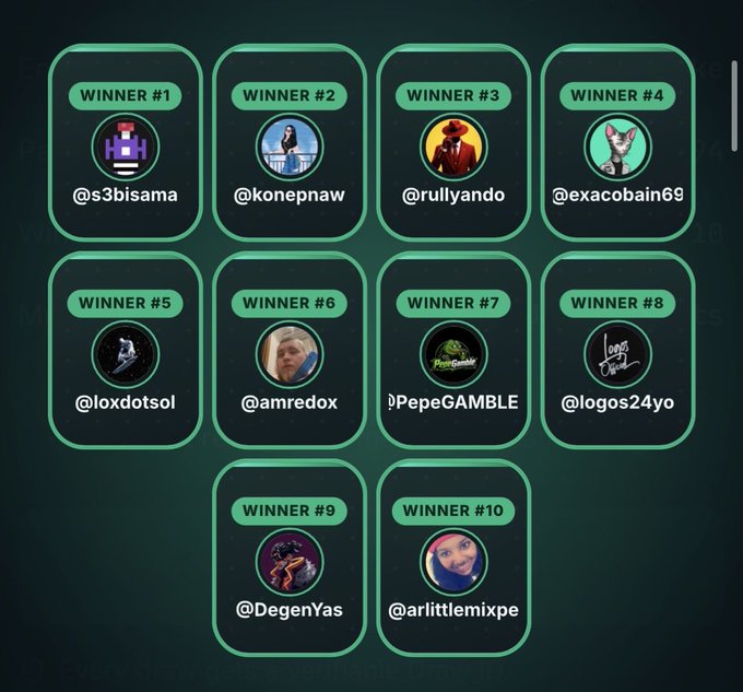 A dark green graphic listing “WINNER #1” through “WINNER #10,” with circular avatars and usernames including @s3bisama, @konepnaw, @rullyando, @exacobain69, @Ioxdotsol, @amredox, @PepeGAMBLE, @logos24yo, @DegenYas, and @arlittlemixpe.
