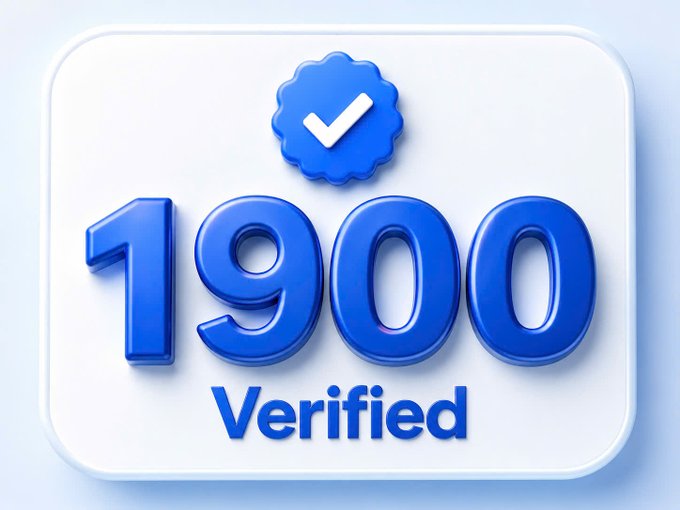 A blue 3D graphic displaying '1900 Verified' with a checkmark badge.