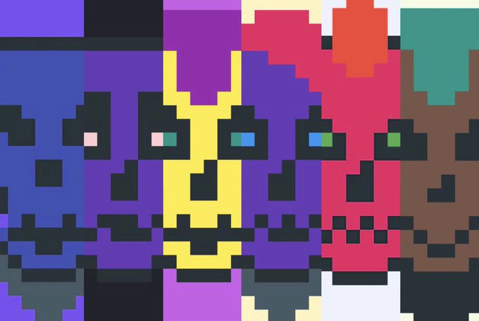 Pixelated artwork featuring five stylized characters in a row, each with an eye motif and rendered in different colors: blue, purple, yellow, pink/red, and brown.