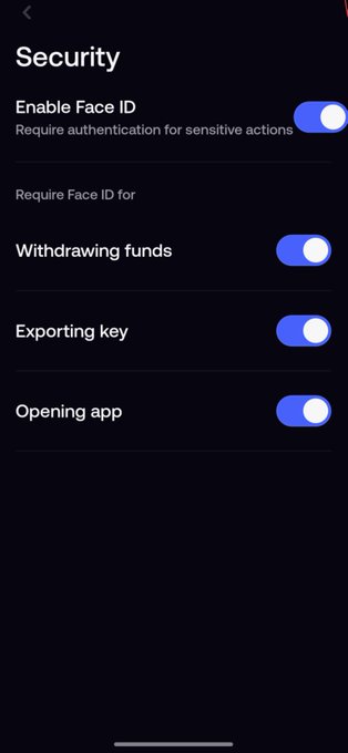 A mobile app Security settings screen showing 'Enable Face ID' toggled on, with sub-options for 'Withdrawing funds', 'Exporting key', and 'Opening app' all enabled.