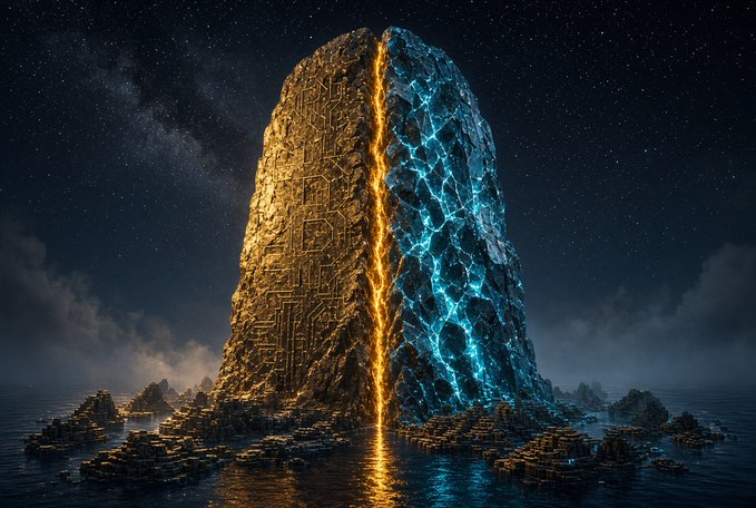 A surreal digital artwork of a towering monolith split down the middle, with circuit-like patterns glowing in gold on one side and crystalline blue patterns on the other, set against a starry sky.